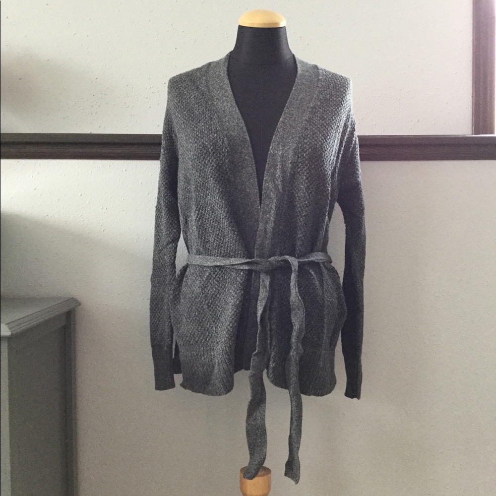 Gray open front belted cardigan
